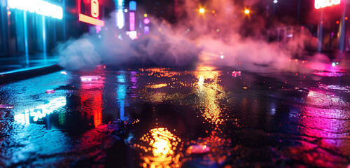 Wall Mural - Wet asphalt, reflection of neon lights, a searchlight, smoke. Abstract light in a dark empty street with smoke, smog. 