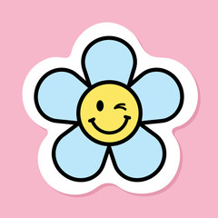 Wall Mural - groovy flower with winking eye sticker, cartoon funny smiling face, blue daisy with black outline, groovy aesthetic vector design element