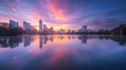 Wall Mural - Beautiful reflection of the sunrise over Lady Bird Lake or Town Lake in Austin, Texas, USA. During the summer, the entire city is visible in the distance, with skyscrapers