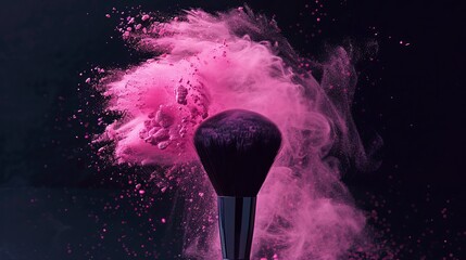 Wall Mural - Pink powder explosion on a black background with a makeup brush