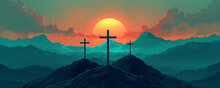 Majestic Easter Sunrise Over Rugged Mountains With Three Crosses Silhouette - Serene Spiritual Landscape Digital Illustration With Vibrant Orange And Teal Hues