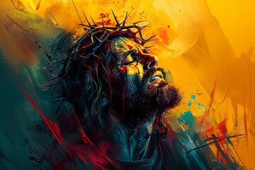 jesus christ with crown of thorns praying to god. religion and christianity concept. easter holiday.