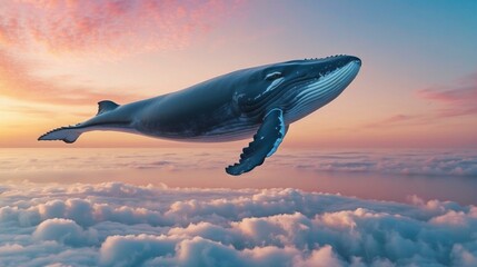 Canvas Print - A whale flying above the clouds in a sunset sky. Generative AI.