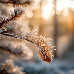 Canvas Print - A close up of a pine branch with frost on it. Generative AI.