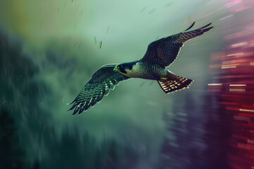 Wall Mural - a peregrine falcon flying, digital cyberpunk vibe with contrast highlighting and rim effects