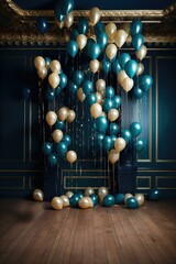 Wall Mural - A room with blue and gold balloons floating in it. Generative AI.