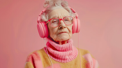 Cool fashionable grandma with headphones and glasses on soft color colorful background.