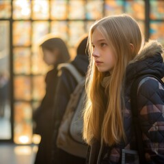 Wall Mural - A girl with long hair standing in line outside of a building. Generative AI.