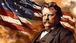 A man with a mustache is sitting in front of an American flag