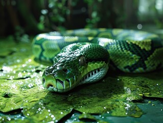 Poster - A large green snake laying on the ground in a swamp. Generative AI.