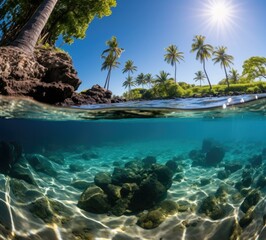 Canvas Print - A view of the ocean from above with a palm tree in front. Generative AI.