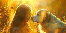 My Dog And I Have A Connection Like No Other - Young Beautiful Girl With Eyes Closed And Nose Touching The Nose Of Her Labrador Dog With A Beautiful Golden Light All Around

