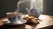 steaming cup of tea placed on a table, accompanied by biscuits on a white plate.