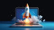 A rocket launches from a laptop screen on a blue background. Side view, 3D view