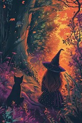 Poster - a painting of a woman and a cat in a forest