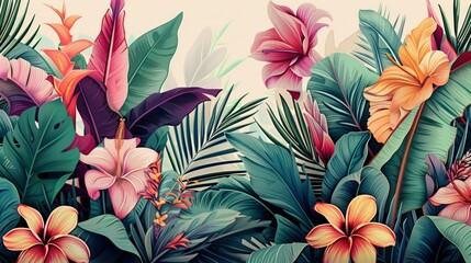  Tropical background. Exotic Landscape, Hand Drawn Design. Luxury Wall Mural. Leaf and Flowers Wallpaper.