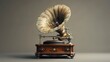 A detailed shot of a vintage phonograph, focusing on its horn and turntable, set against a simple, elegant background