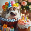 Hedgehog with a bouquet of flowers. Greeting card, happy birthday.