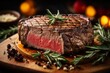 Medium grilled rib eye steak with rosemary and pepper on wooden table delicious restaurant food menu