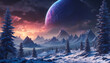 A unearthly landscape featuring a snowy mountain range, a tree and a large planet in the background.