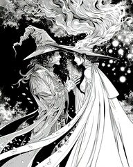 Sticker - a black and white drawing of a couple dressed as witches