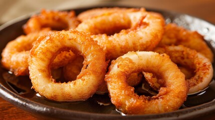 Wall Mural - Perfectly fried crispy calamari rings golden and tender, a delightful seafood dish