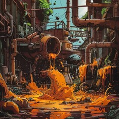 Wall Mural - a painting of a factory with yellow liquid pouring out of it