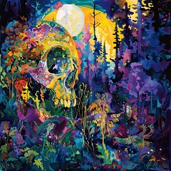 Sticker - a painting of a skull in the woods