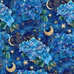 Poster - a painting of blue flowers and stars on a blue background