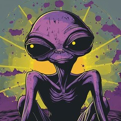 Poster - an alien sitting on the ground in front of a yellow and purple background