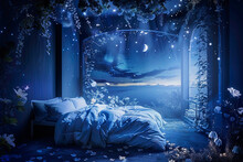 Luxurious Moonlit Bedroom Overlooking Night Garden And Starry Skies With Blue Tones And Dreamy Fantasy Mood