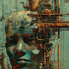 Wall Mural - a digital painting of a woman's face with a steam engine in the background