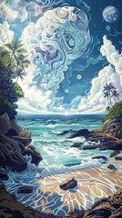 Wall Mural - a painting of a beach with waves and clouds