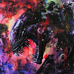 Canvas Print - a painting of a black alien with red eyes