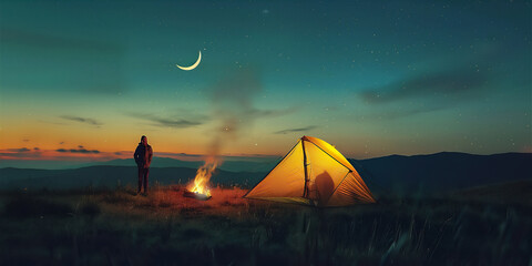 Wall Mural - Person camping with yellow tent and camp fire on the field hill at night with crescent moon 