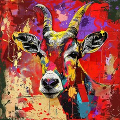 Wall Mural - a colorful painting of a cow with horns