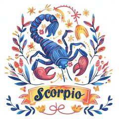 Poster - a drawing of a scorpion surrounded by flowers and leaves