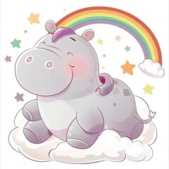 Wall Mural - a hippo laying on a cloud with a rainbow in the background