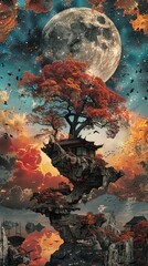 Poster - a painting of a tree with a house on top of it