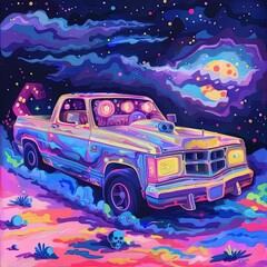 Sticker - a painting of a truck in the desert