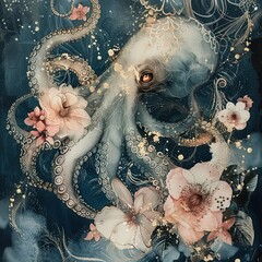 Canvas Print - a painting of an octopus surrounded by flowers