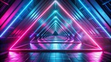 Fototapeta Perspektywa 3d - 3d render, abstract background with pink blue glowing neon light triangle, geometric wallpaper with triangular tunnel