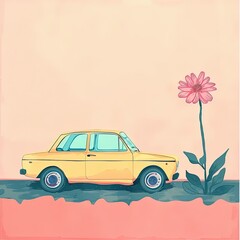 Poster - a yellow car parked next to a pink flower