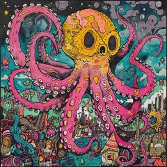 Wall Mural - a painting of an octopus in a city