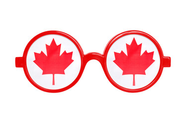 Wall Mural - Red round novelty eyeglasses with canadian red maple leaf flag isolated cutout on transparent