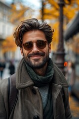 Wall Mural - Bearded Stylish handsome Man On The Street looking at camera with happy attitude in autumn
