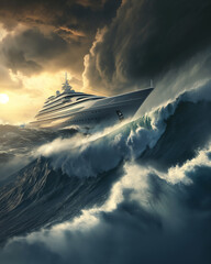 Wall Mural - Luxury cruise ship in the sea with storm and dramatic clouds at sunset