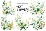Fototapeta Konie - set of watercolor flowers and leaves on white background. hand painted flowers, gold and jade flowers witn leaves. wedding invitation, card, greeting card or invitation. vector collection