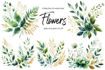 Wall Mural - set of watercolor flowers and leaves on white background. hand painted flowers, gold and jade flowers witn leaves. wedding invitation, card, greeting card or invitation. vector collection