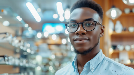 Canvas Print - Young black man in optical store trying on new glasses